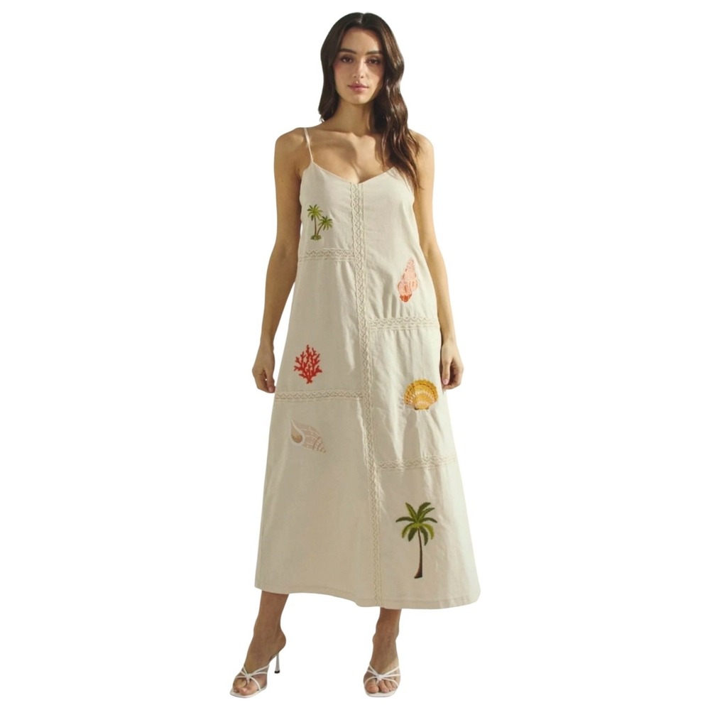 Able Los Angeles Embroidered Coastal Boho Midi Sundress L Cream Cotton